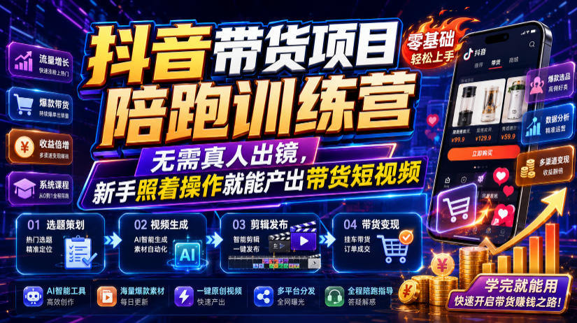 抖音带货项目陪跑训练营,无需真人出镜,新手照着操作就能产出带货短视频(更新0811)-聚业