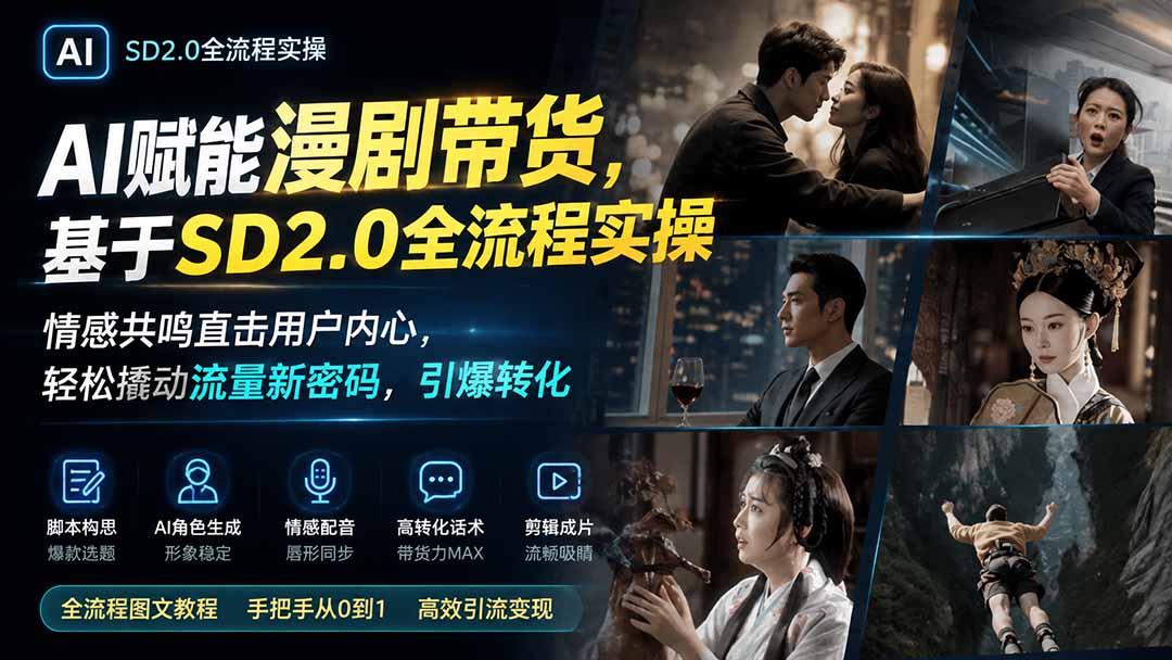 AI赋能漫剧带货,基于SD2.0全流程实操;情感共鸣直击用户内心,轻松撬动流量新密码,引爆转化-聚业