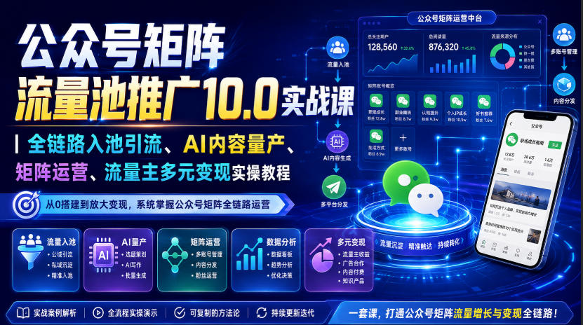 公众号矩阵流量池推广10.0实战课|全链路入池引流、AI内容量产、矩阵运营、流量主多元变现实操教程-聚业