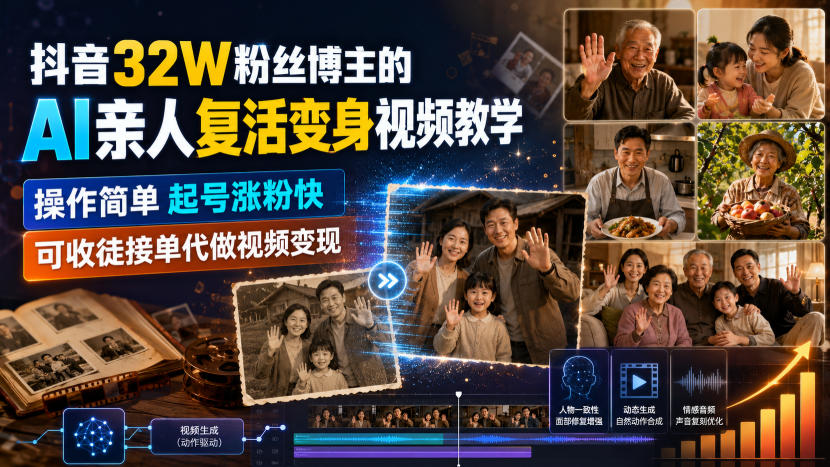 抖音32W粉丝博主的AI亲人复活变身视频教学,操作简单,起号涨粉快,可收徒接单代做视频变现-聚业