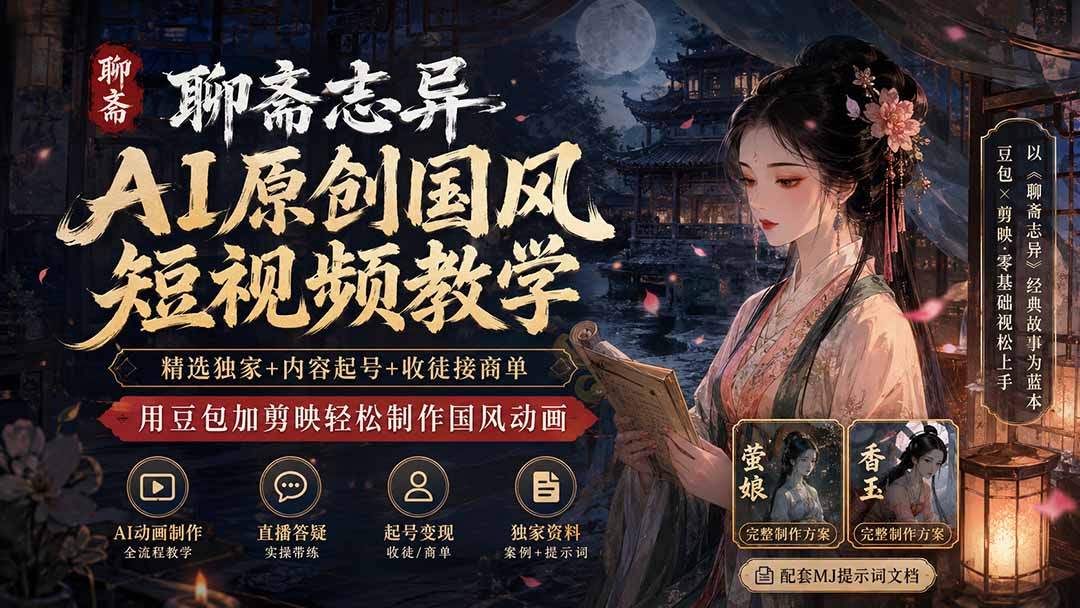 聊斋志异AI原创国风短视频教学；精选独家+内容起号+收徒接商单，用豆包加剪映轻松制作国风动画-聚业