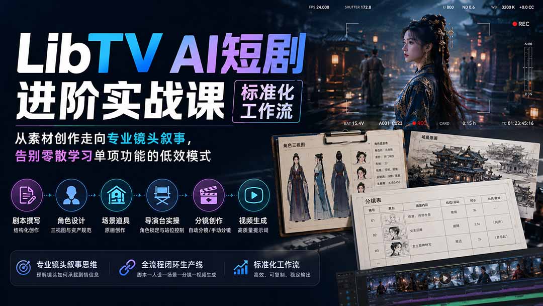 LibTV AI短剧进阶实操课标准化工作流；从素材创作走向专业镜头叙事，告别零散学习单项功能的低效模式-聚业