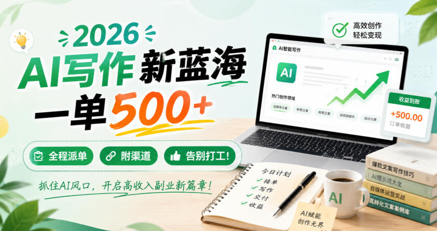 2026 AI写作新蓝海，一单500+，全程派单，附渠道，告别打工！【揭秘】-聚业