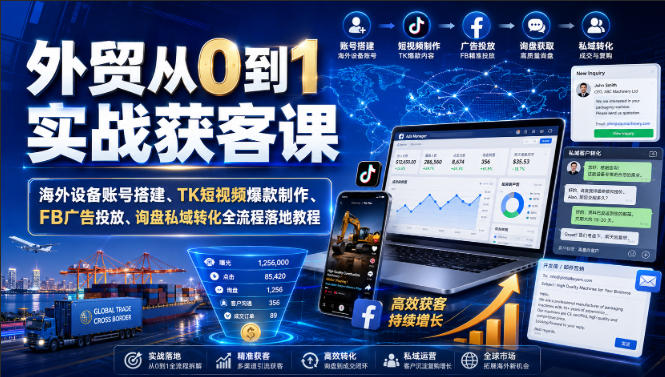 外贸从0到1实战获客课｜海外设备账号搭建、TK短视频爆款制作、FB广告投放、询盘私域转化全流程落地教程-聚业