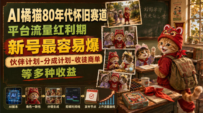 AI橘猫80年代怀旧赛道，平台流量红利期，新号最容易爆，伙伴计划-分成计划-收徒商单等多种收益-聚业