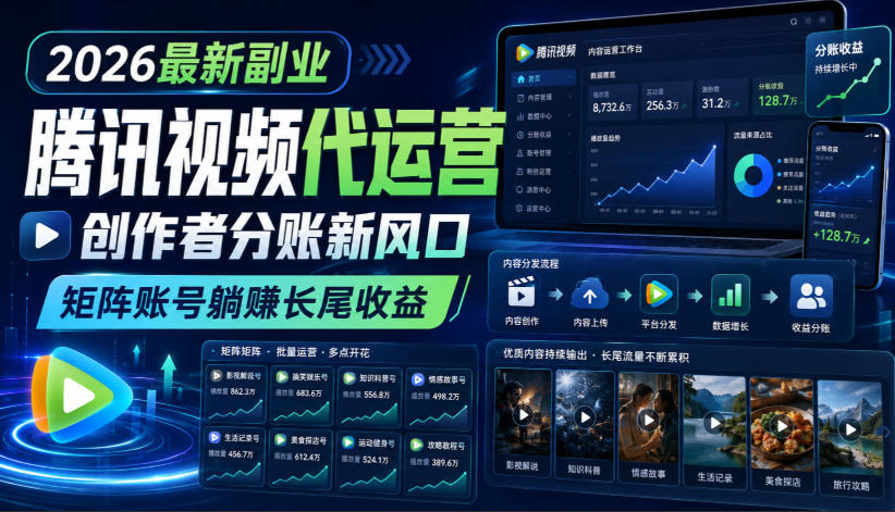 2026最新副业之腾讯视频代运营:创作者分账新风口,矩阵账号躺賺长尾收益【揭秘】-聚业