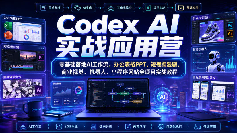 Codex AI实战应用营|零基础落地AI工作流,办公表格PPT、短视频漫剧、商业视觉、机器人、小程序网站全项目实战教程-聚业