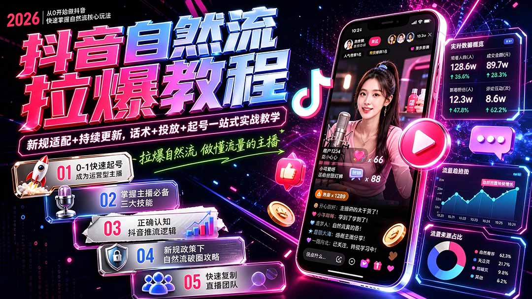 抖音自然流拉爆教程-更新8月:做懂流量的主播,新规适配+持续更新,话术+投放+起号一站式实战教学-聚业