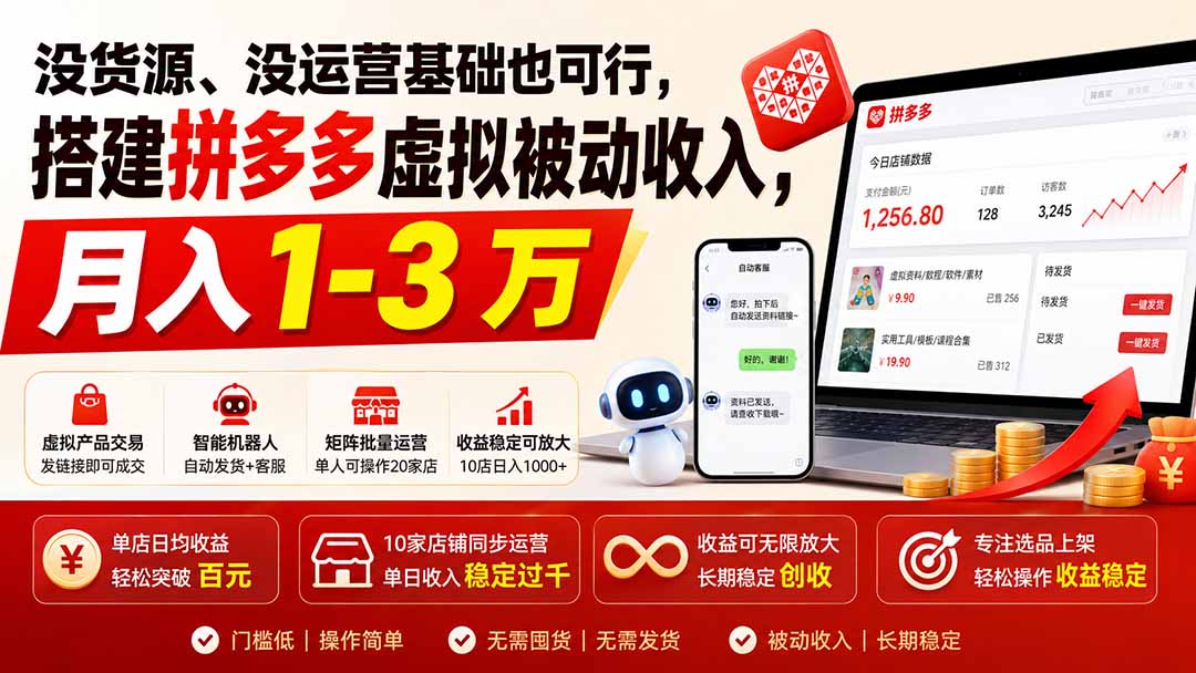 没货源、没运营基础也可行,搭建多多虚拟被动收入,月入 1-3 万-聚业