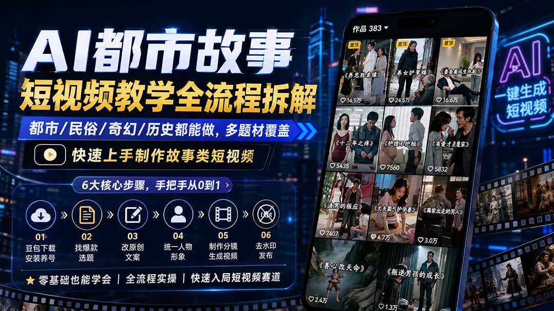 AI都市故事短视频教学全流程拆解;都市/民俗/奇幻/历史都能做多题材覆盖,快速上手制作故事类短视频-聚业