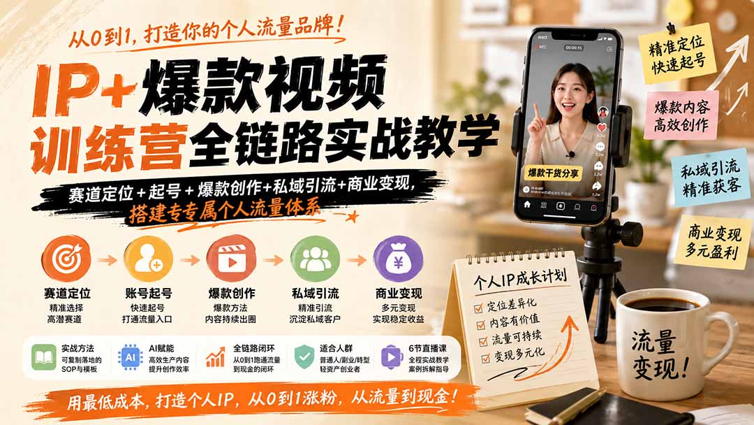 IP+爆款视频训练营全链路实战教学;赛道定位+起号+爆款创作+私域引流+商业变现,搭建专属个人流量体系-聚业