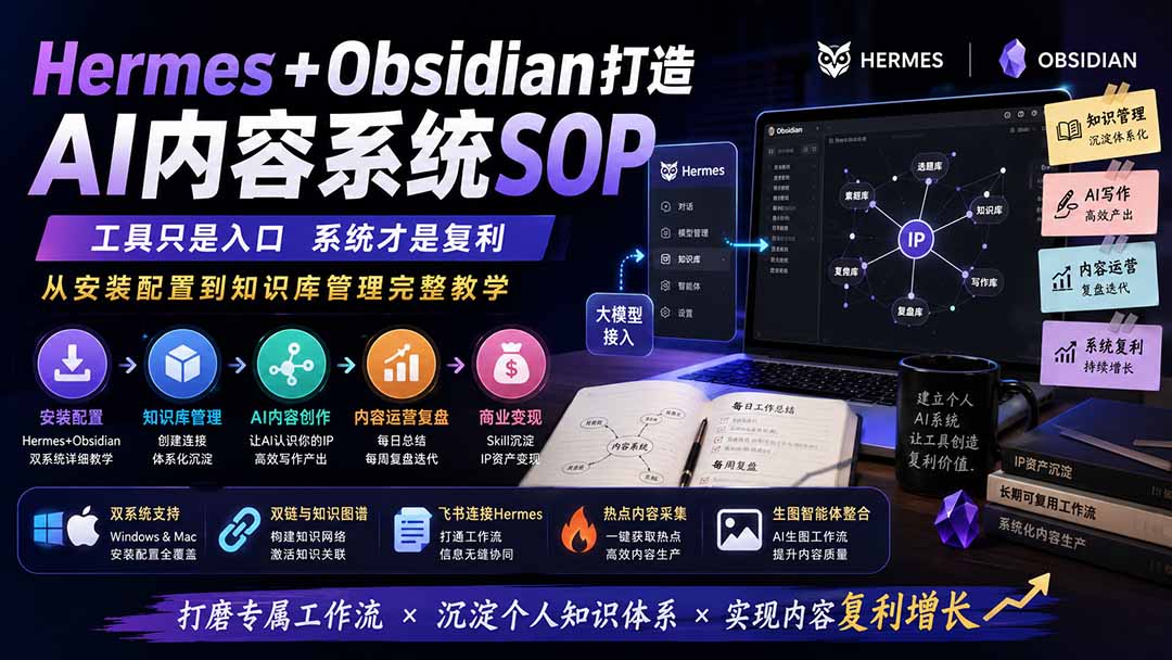 Hermes+Obsidian打造AI内容系统SOP;工具只是入口系统才是复利,从安装配置到知识库管理完整教学-聚业