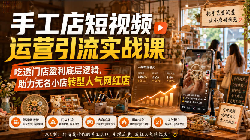 手工店短视频运营引流实战课,吃透门店盈利底层逻辑,助力无名小店转型人气网红店-聚业