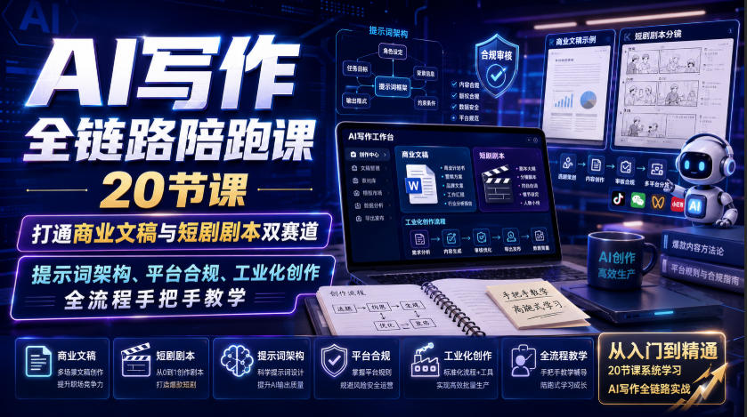 AI写作全链路陪跑课|20节课打通商业文稿与短剧剧本双赛道,提示词架构、平台合规、工业化创作全流程手把手教学-聚业