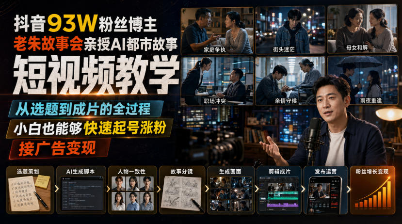 抖音93W粉丝博主老朱故事会亲授AI都市故事短视频教学，从选题到成片的全过程，小白也能够快速起号涨粉接广告变现-聚业