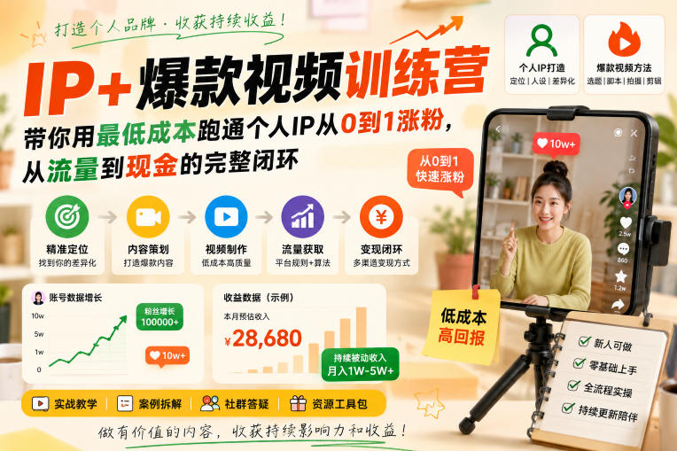 IP+爆款视频训练营，带你用最低成本跑通个人IP从0到1涨粉，从流量到现金的完整闭环-聚业