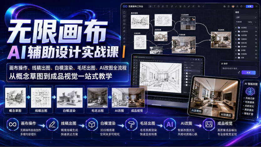 无限画布AI辅助设计实战课｜画布操作、线稿出图、白模渲染、毛坯出图、AI改图全流程，从概念草图到成品视觉一站式教学-聚业