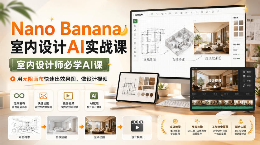 Nano Banana室内设计AI实战课，室内设计师必学AI课，用无限画布快速出效果图、做设计视频-聚业