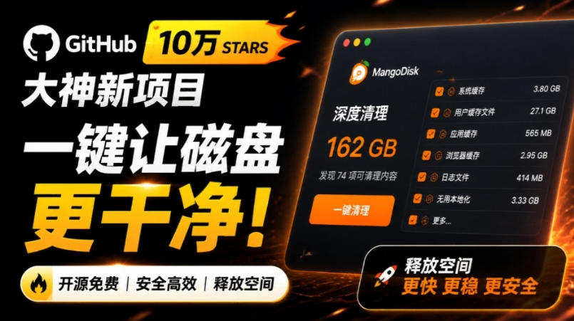 在Gtihub上做出10万stars的大神，又发布新项目了！一键让磁盘更干净，开源免费清理工具MangoDisk-聚业