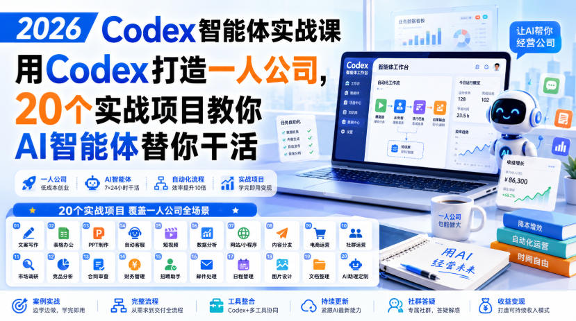 2026 Codex智能体实战课，用Codex打造一人公司，20个实战项目教你AI智能体替你干活-聚业