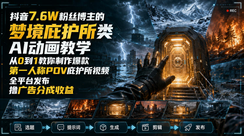 抖音7.6W粉丝博主的梦境庇护所类AI动画教学，从0到1教你制作爆款第一人称POV庇护所视频，全平台发布撸广告分成收益-聚业