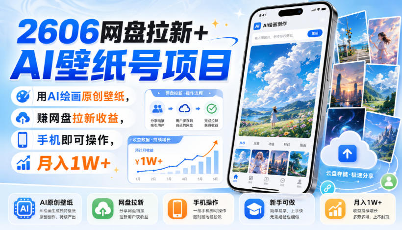 2606网盘拉新+AI壁纸号项目，用AI绘画原创壁纸，賺网盘拉新收益，手机即可操作，月入1W+-聚业