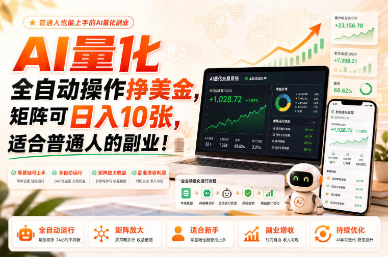 AI量化全自动操作挣美金,矩阵可日入10张,适合普通人的副业!【揭秘】-聚业