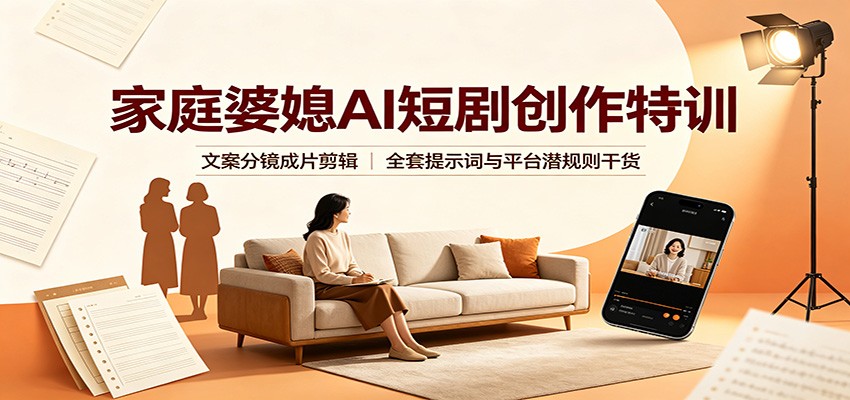 家庭婆媳AI短剧创作特训:文案分镜成片剪辑,全套提示词与平台潜规则干货-聚业