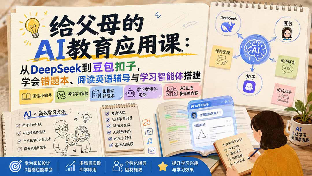 给父母的AI教育应用课:从DeepSeek到豆包扣子,学会错题本、阅读英语辅导与学习智能体搭建-聚业