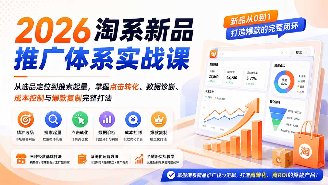 2026淘系新品推广体系实战课:从选品定位到搜索起量,掌握点击转化、数据诊断、成本控制与爆款复制完整打法-聚业
