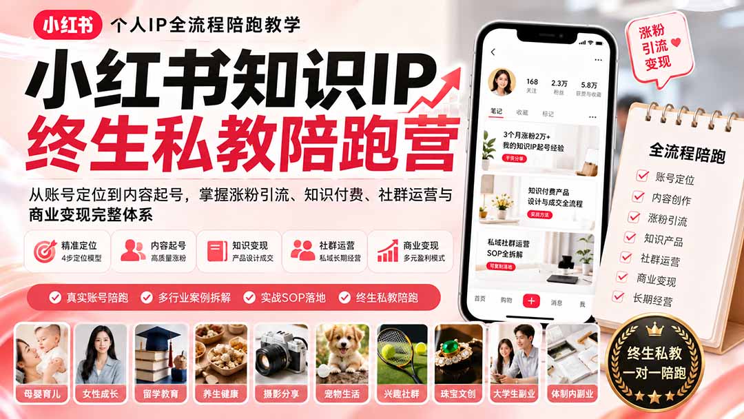 小红书知识IP终生私教陪跑营:从账号定位到内容起号,掌握涨粉引流、知识付费、社群运营与商业变现完整体系-聚业