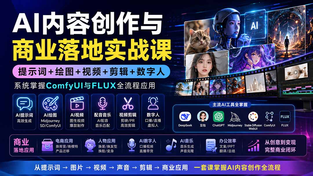AI内容创作与商业落地实战课:提示词+绘图+视频+剪辑+数字人,系统掌握ComfyUI与FLUX全流程应用-聚业