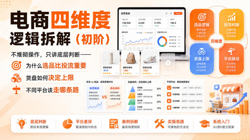 电商四维度逻辑拆解(初阶)不堆砌操作,只讲底层判断——为什么选品比投流重要、货盘如何决定上限、不同平台该走哪条路-聚业