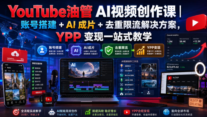 YouTube油管AI视频创作课|账号搭建+AI成片+去重限流解决方案,YPP变现一站式教学(更新0817)-聚业