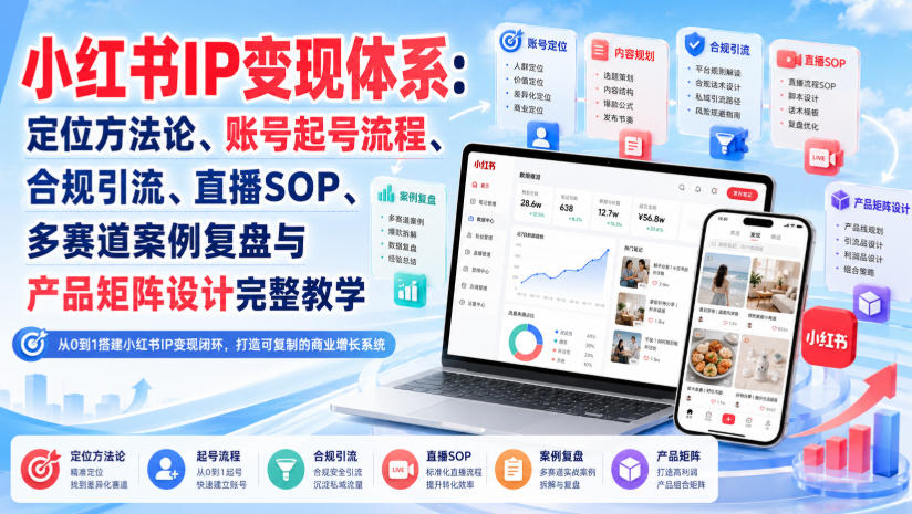 小红书IP变现体系:定位方法论、账号起号流程、合规引流、直播SOP、多赛道案例复盘与产品矩阵设计完整教学-聚业