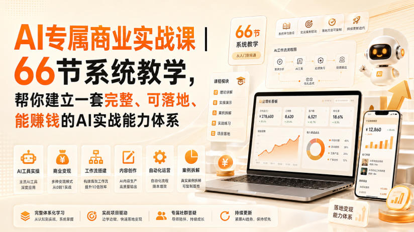 AI专属商业实战课|66节系统教学,帮你建立一套完整、可落地、能賺钱的AI实战能力体系-聚业