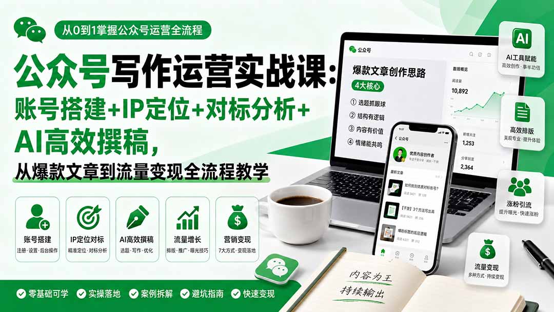 公众号写作运营实战课：账号搭建+IP定位+对标分析+AI高效撰稿，从爆款文章到流量变现全流程教学-聚业