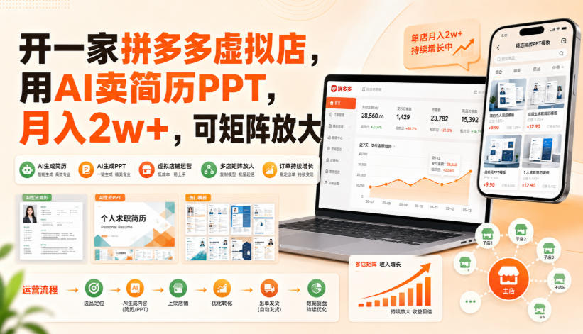 开一家拼多多虚拟店，用AI卖简历PPT，月入2w+，可矩阵放大【揭秘】-聚业
