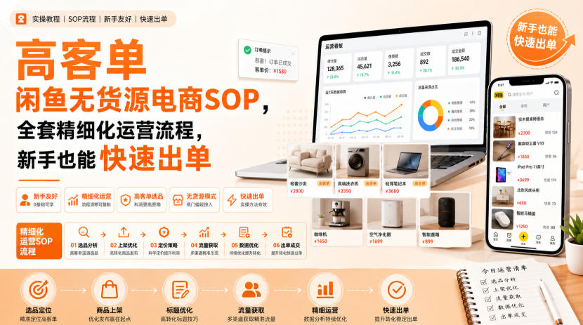 高客单闲鱼无货源电商SOP，全套精细化运营流程，新手也能快速出单-聚业
