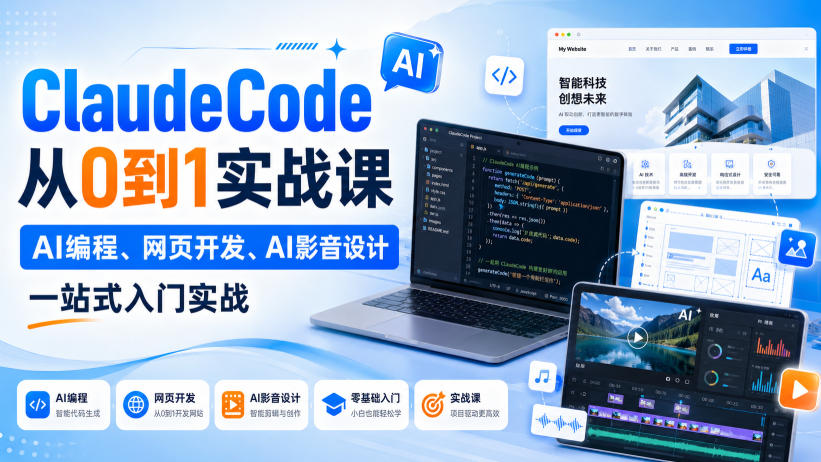 ClaudeCode从0到1实战课，AI编程、网页开发、AI影音设计一站式入门实战-聚业