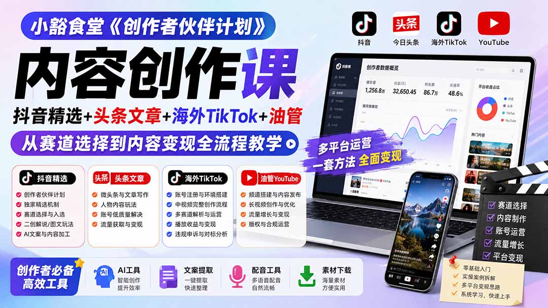 小豁食堂《创作者伙伴计划》内容创作课：抖音精选+头条文章+海外TikTok+油管，从赛道选择到内容变现全流程教学-聚业