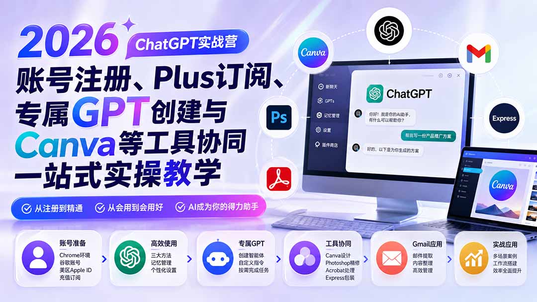 2026 ChatGPT实战营;账号注册、Plus订阅、专属GPT创建与Canva等工具协同一站式实操教学-聚业