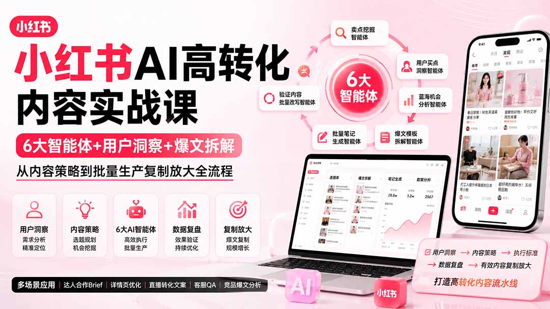 小红书AI高转化内容实战课:6大智能体+用户洞察+爆文拆解,从内容策略到批量生产复制放大全流程-聚业