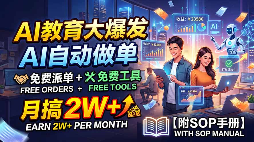 AI教育大爆发,AI自动做单,免费派单+免费工具,月搞2W+【附SOP手册】-聚业