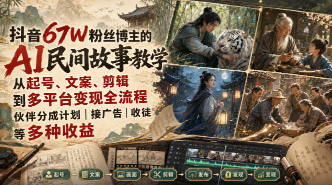 抖音67W粉丝博主的AI民间故事教学,从起号、文案、剪辑到多平台变现全流程,伙伴分成计划接广告等多种收益,月入1W+-聚业