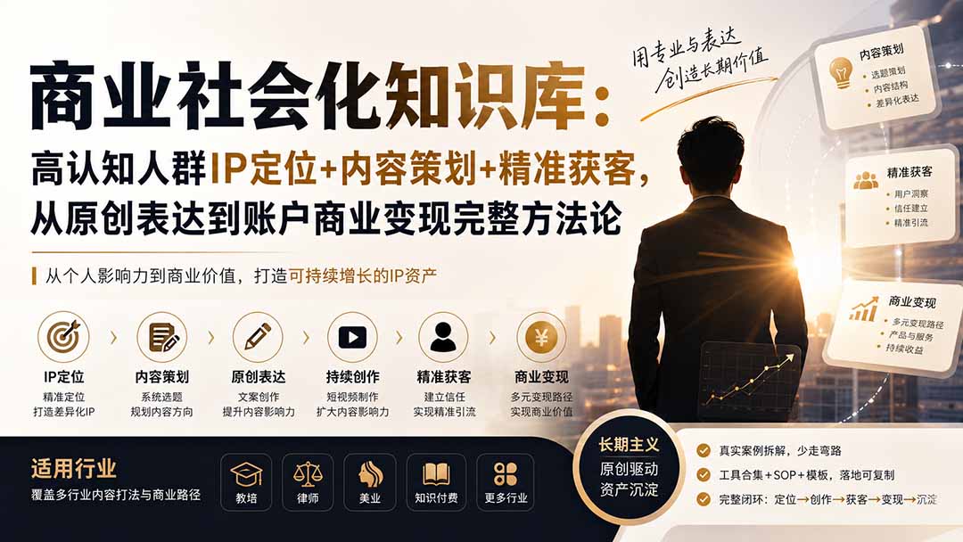 商业社会化知识库:高认知人群IP定位+内容策划+精准获客,从原创表达到账户商业变现完整方法论-聚业