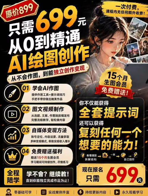 抖音10W粉丝博主的AI绘图教学,从0到精通AI绘图创作,从不会作图到能独立创作变现-聚业