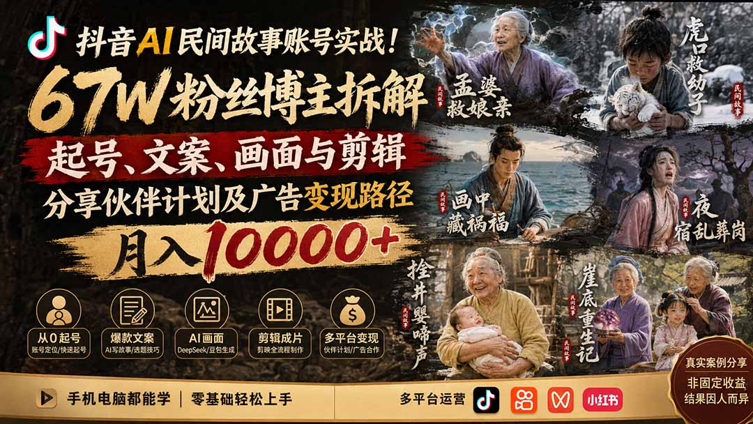 抖音AI民间故事账号实战!67W粉丝博主拆解起号、文案、画面与剪辑,分享伙伴计划及广告变现路径,月入10000+-聚业