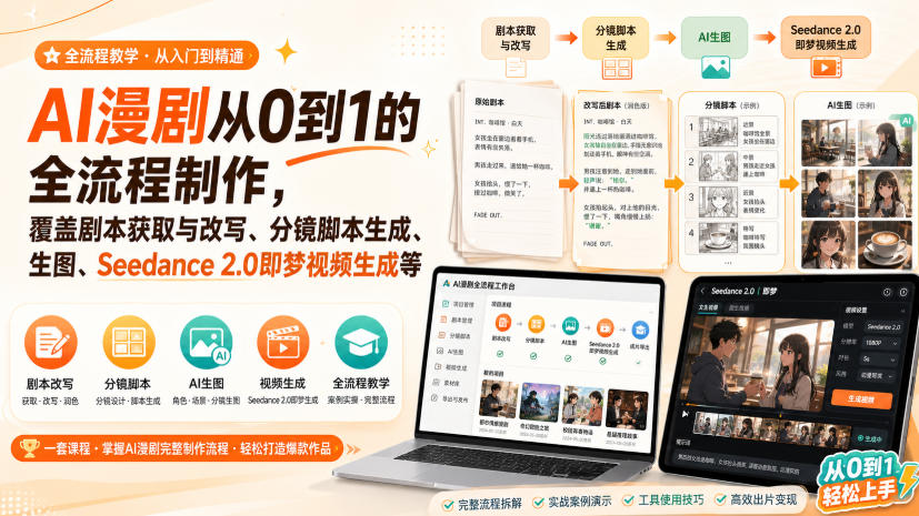 AI漫剧从0到1的全流程制作,覆盖剧本获取与改写、分镜脚本生成、角色场景生图与三视图、Seedance 2.0即梦视频生成(PDF版)-聚业
