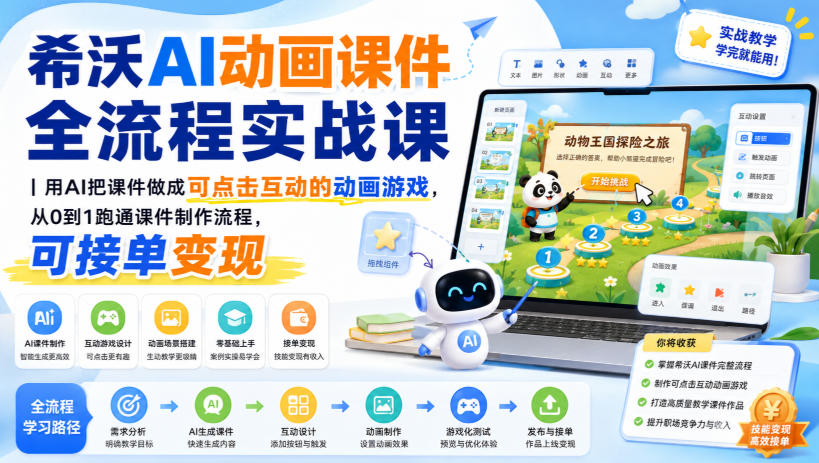 希沃AI动画课件全流程实战课|用AI把课件做成可点击互动的动画游戏,从0到1跑通课件制作流程,可接单变现-聚业